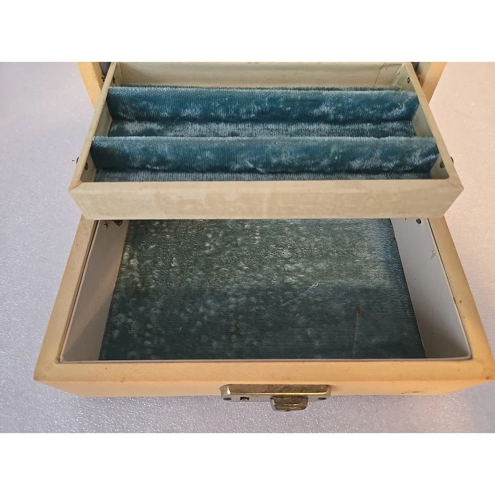 Vintage MCM Hinged 2 Tier Locking‎ Jewelry Box Beige w/Blue Satin Lining *No Key